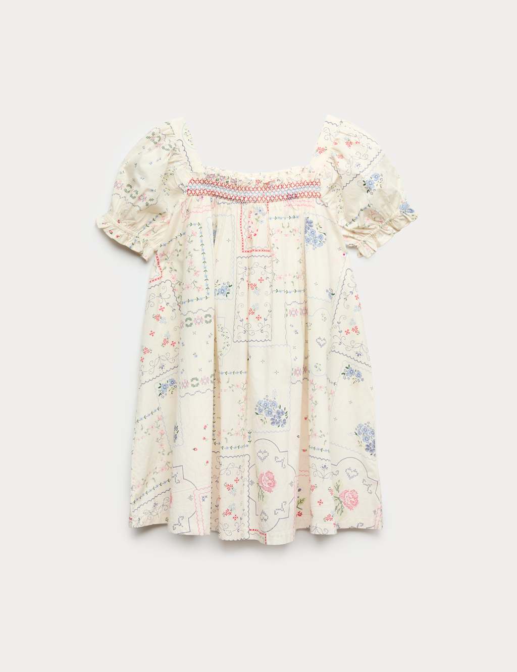 M&S Girls Pure Cotton Puff Sleeve Floral Mini Dress (6-16 Yrs) - 7-8 Years - Ecru Mix