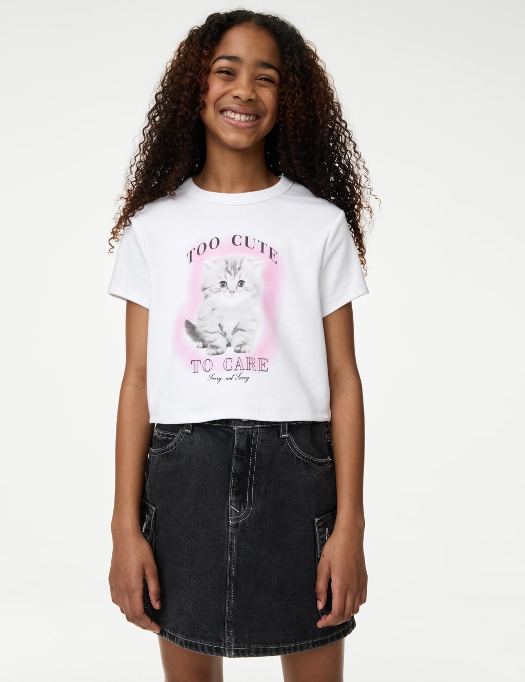 Cotton Rich Cat Slogan Cropped T-Shirt (2-16 Yrs)