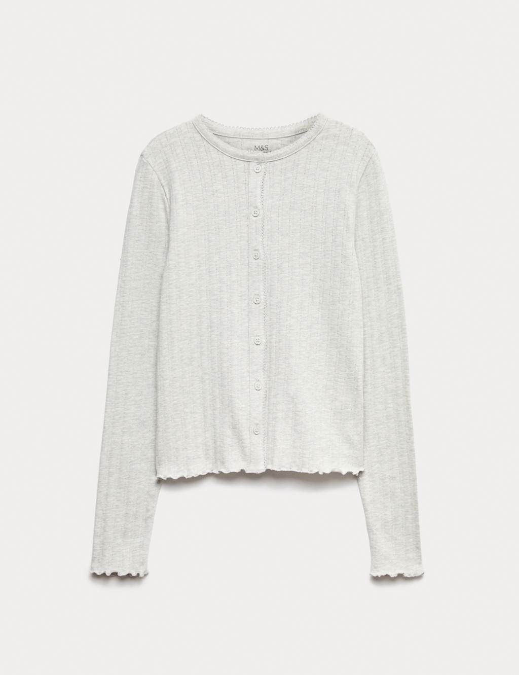 M&S Cotton Rich Button Through Pointelle Top (6-16 Yrs) Grey Marl