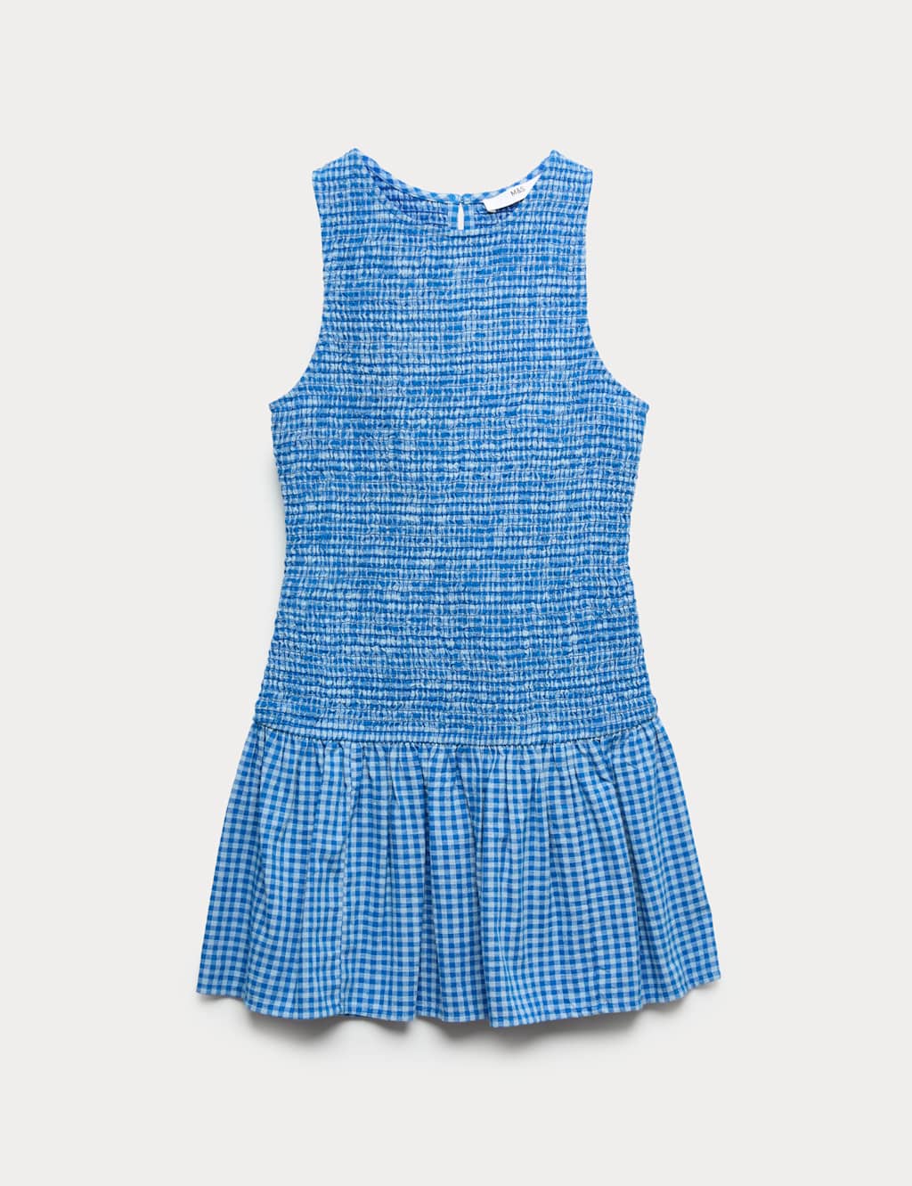 M&S Girls Pure Cotton Drop-Waist Checked Mini Dress (6-16 Yrs) - 6-7 Years - Blue Mix