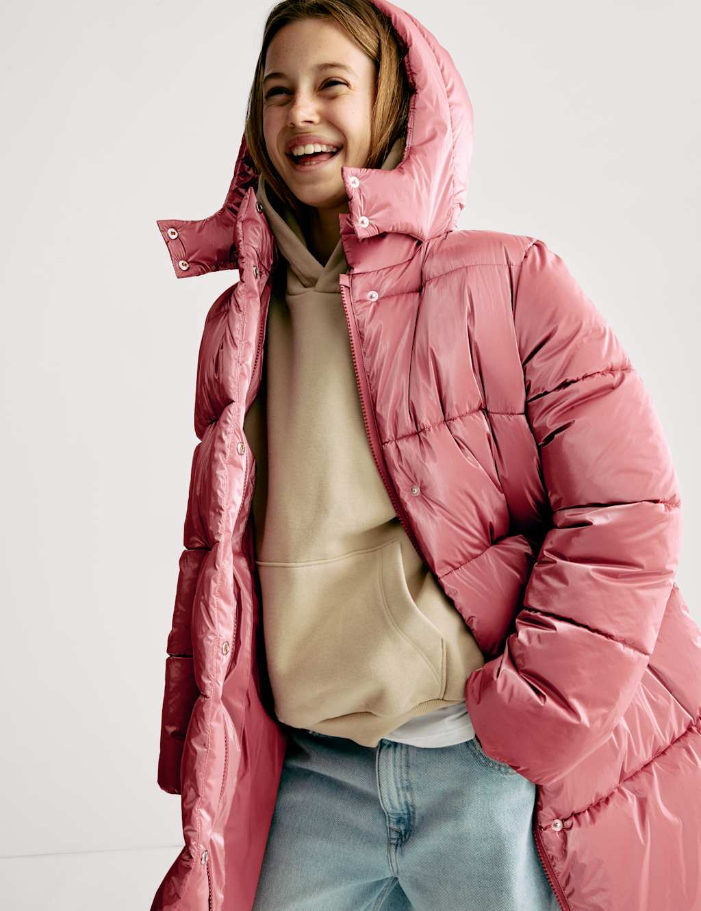 M&S Longline Padded Hooded Coat (6-16 Yrs) Berry