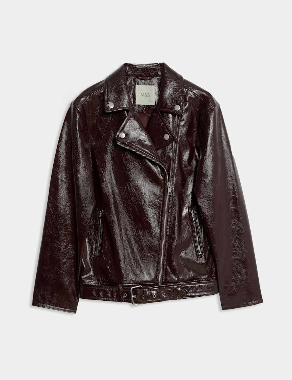 M&S Faux Leather Patent Biker Jacket (6-16 Yrs) Dark Claret