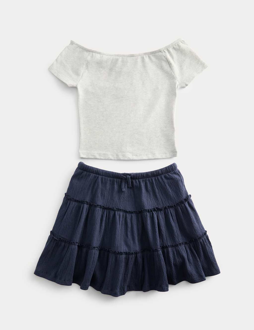 M&S Girls Cotton Rich Bardot Top and Skirt Outfit (6-16 Yrs) - 6-7 Years - Navy Mix