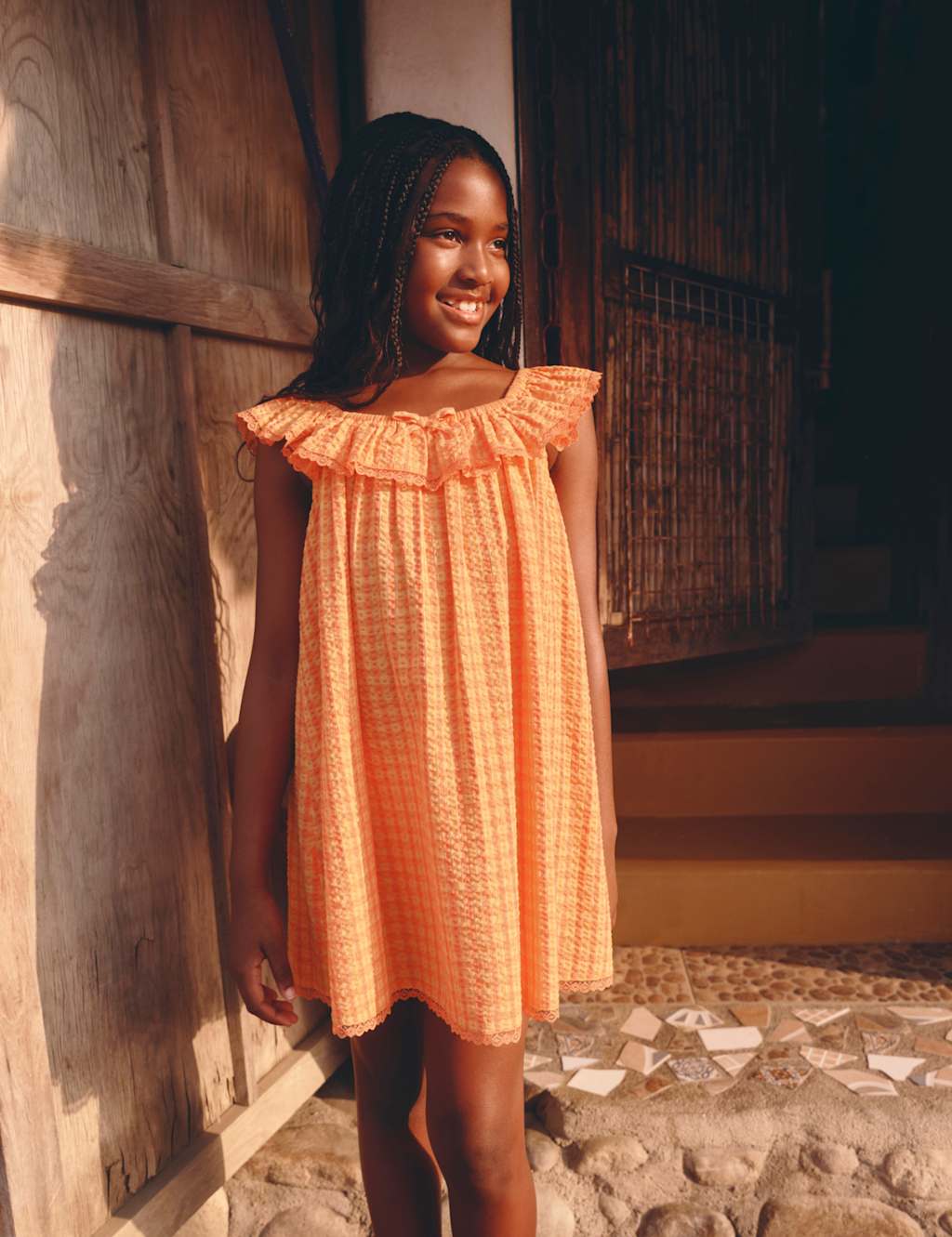 M&S Gingham Check Baby Doll Dress (6-16 Yrs) - 12-13 Years - Orange Mix