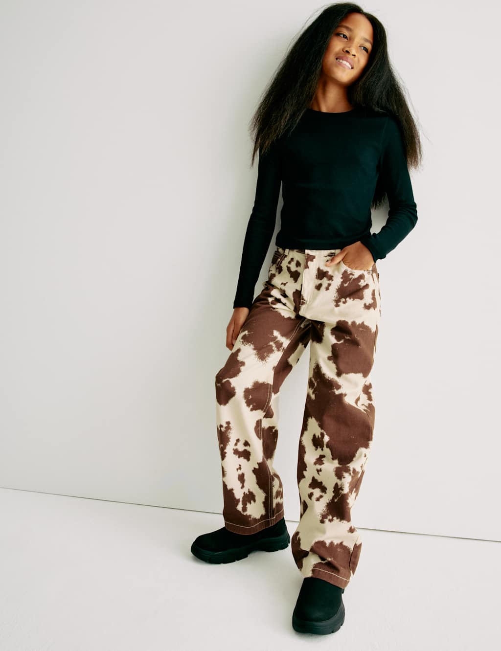 M&S Pure Cotton Wide Leg Animal Print Jeans (6-16 Yrs) Multi