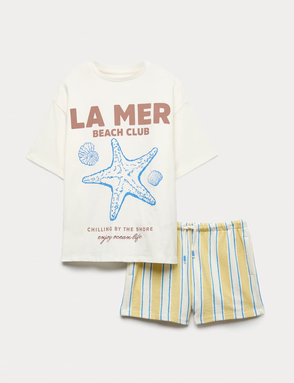 M&S Girls Pure Cotton Graphic Top & Short Outfit (6-16 Yrs) - 8-9 Years - Yellow Mix