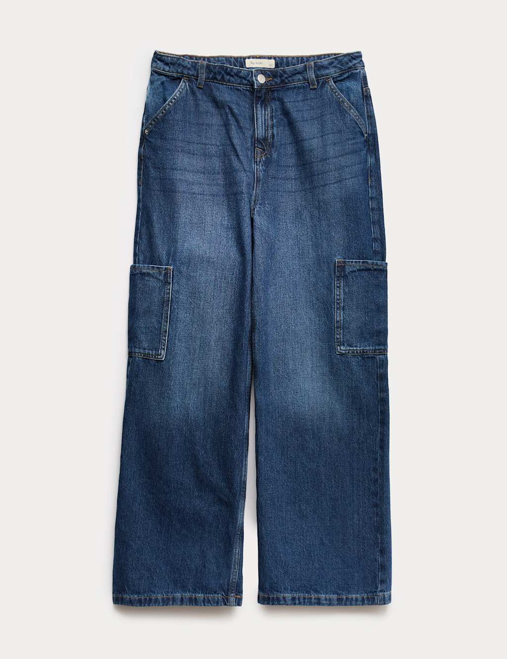 M&S Girls Denim Wide Leg Cargo Jeans (6-16 Yrs) - 8-9 Years - Dark Denim