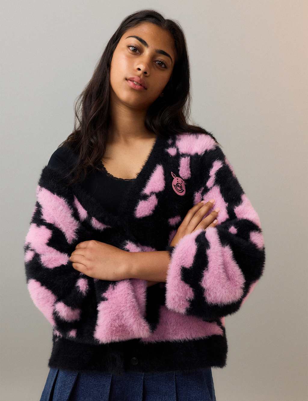 M&S Girls Percy Pig Intarsia Badge Cardigan (6-16 Yrs) - 6-7 Years - Black Mix