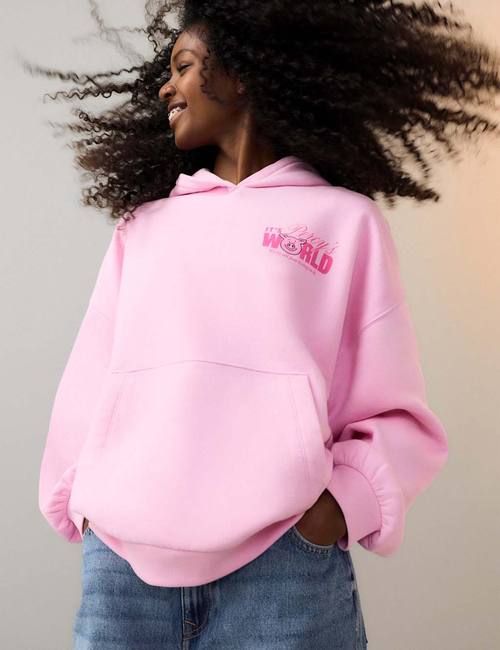 Girls Cotton Rich Percy Pig Slogan Hoodie (6-16 Yrs) - 12-13 Years - Pink Mix