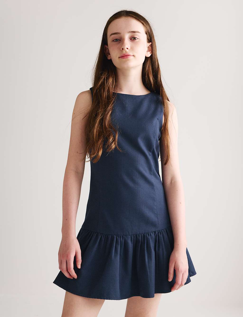 M&S Girls Cotton Blend Drop Waist Gingham Dress (6-16 Yrs) - 15-16 Years - Navy Mix
