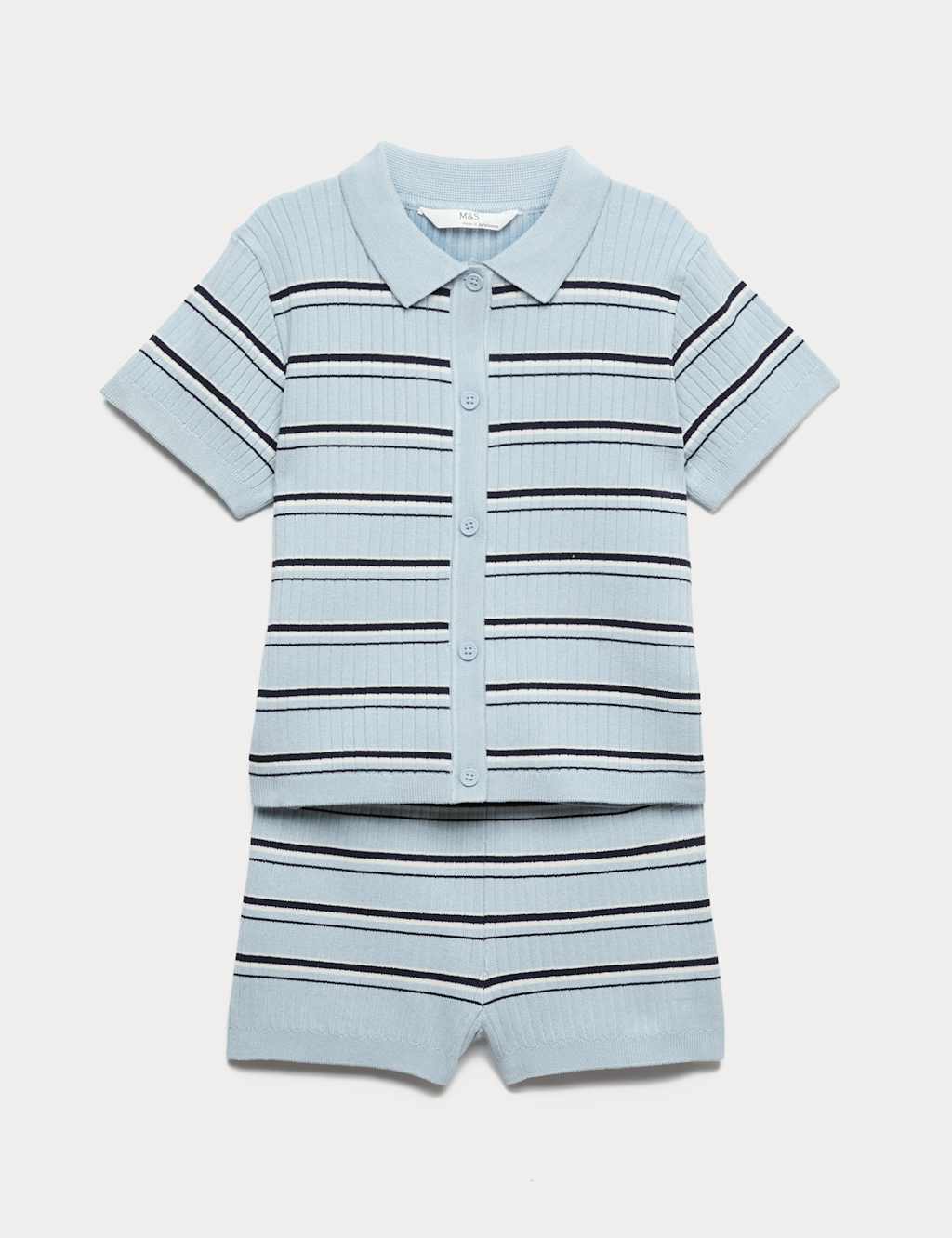 M&S Girls 2 Piece Striped Button Top & Short Outfit (2-16 Yrs) - 10-11 Years - Light Blue Mix