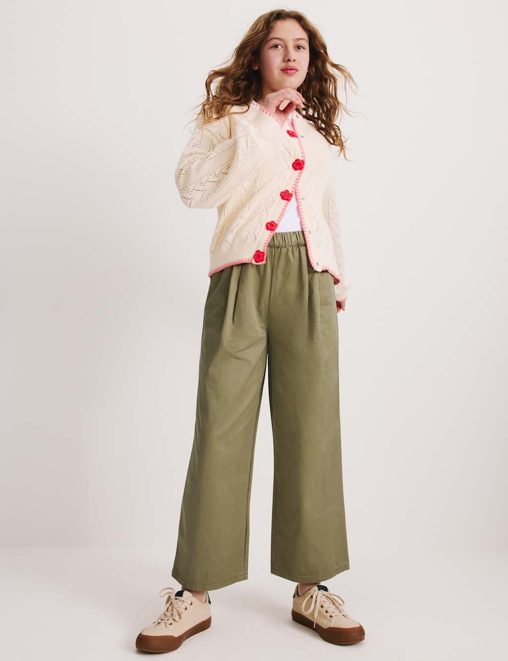 M&S Girls Pure Cotton Elasticated Waist Straight Leg Trousers (6-16 Yrs) - 12-13 Years - Olive