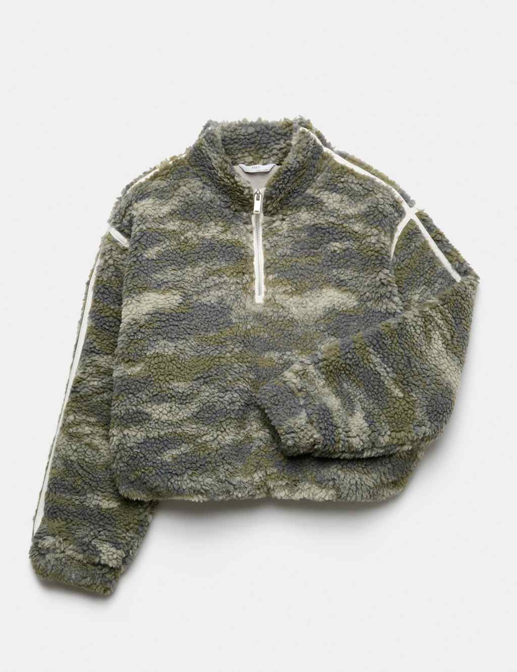 M&S Girls Quarter Zip Borg Fleece Sweatshirt (6-16 Yrs) - 8-9 Years - Khaki Mix