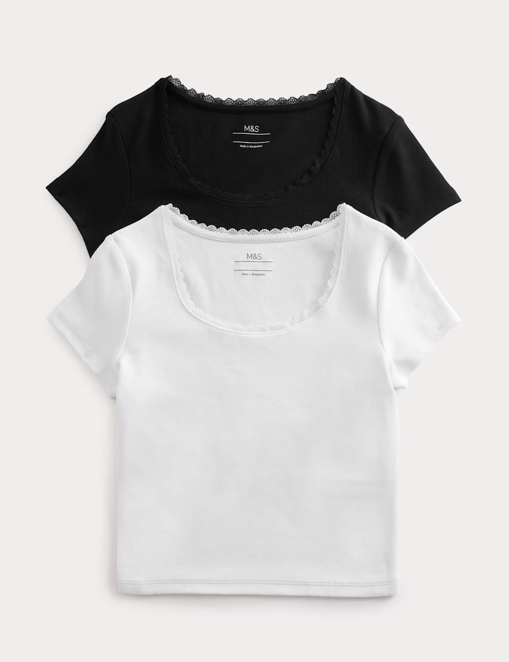 M&S 2 Pack Cotton Rich Lace Trim Baby T-Shirts (6-16 Yrs) - 9-10 Years - Black Mix