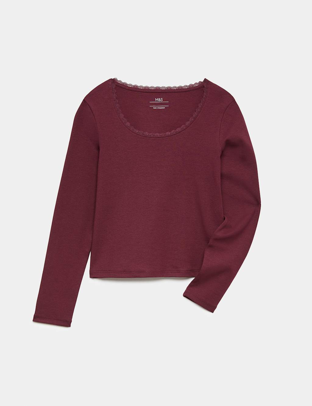 M&S Girls Cotton Rich Lace Trim Top (6-16 Yrs) - 6-7 Years - Burgundy