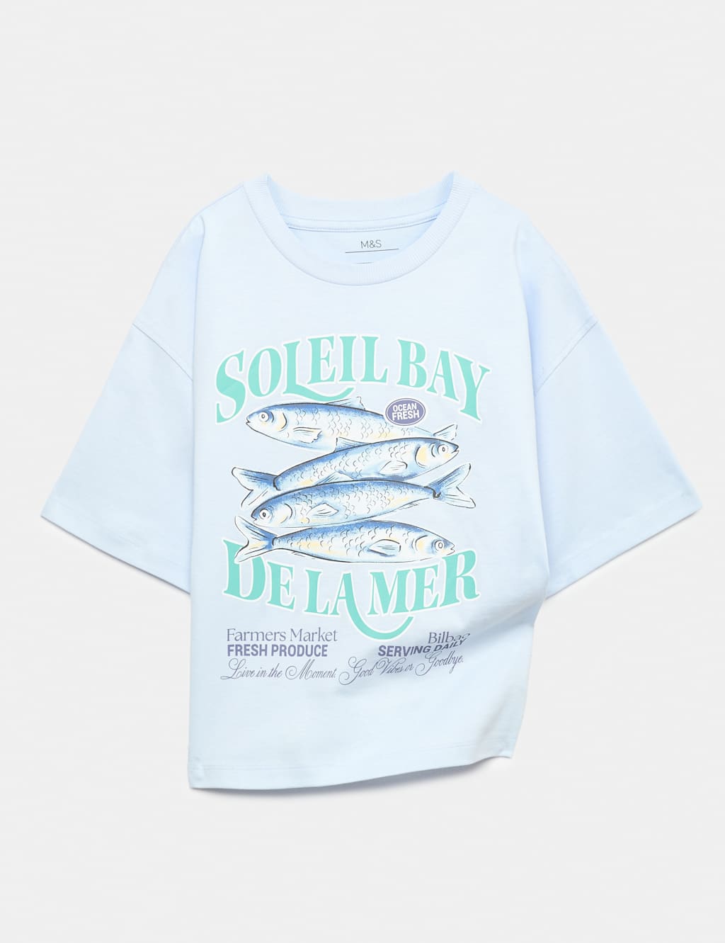 M&S Girls Cotton Rich Sardine Graphic T-Shirt (6-16 Yrs) - 11-12 Years - Light Blue