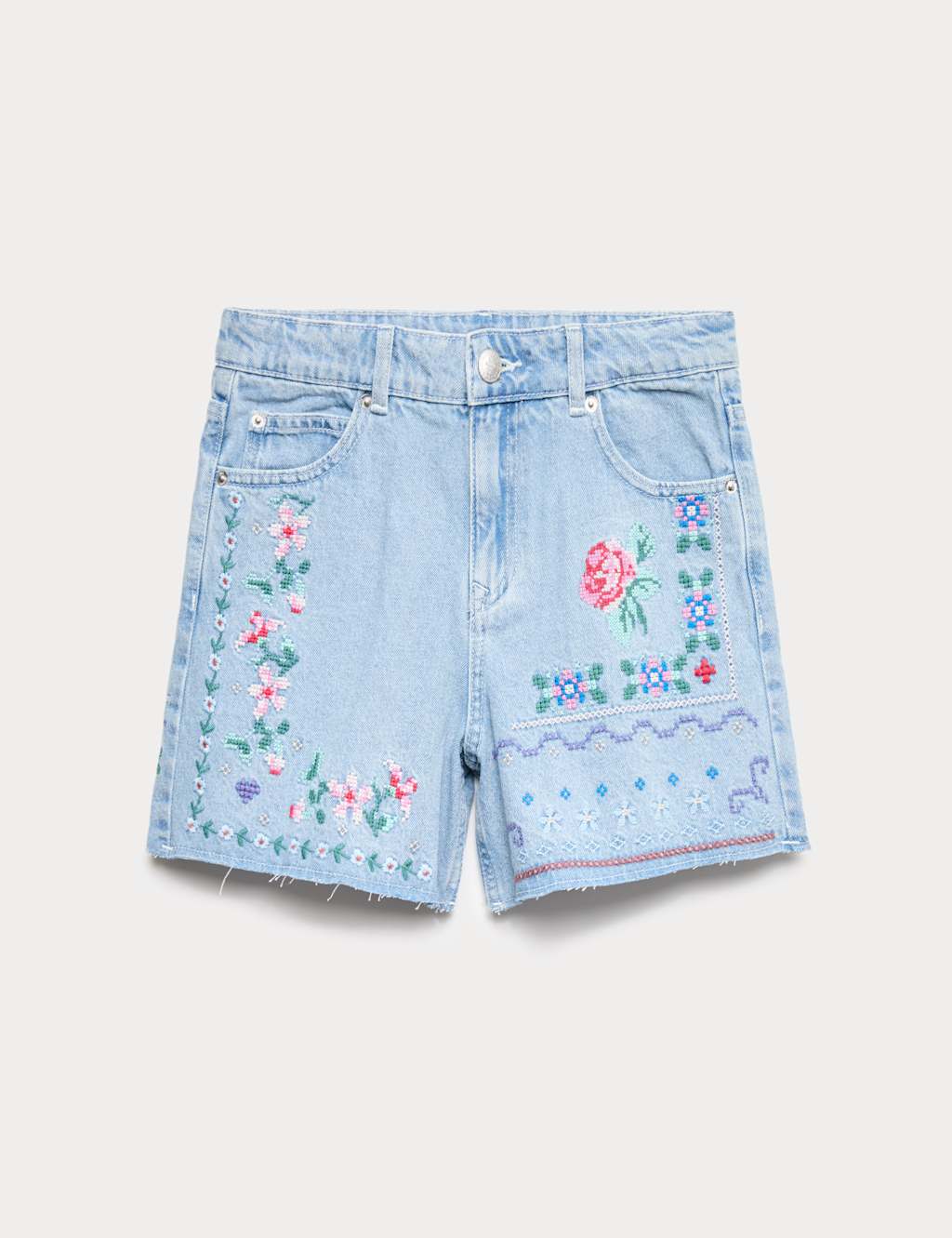 M&S Girls Floral Cross Stitch Denim Bermuda Shorts (6-16 Yrs) - 13-14 Years