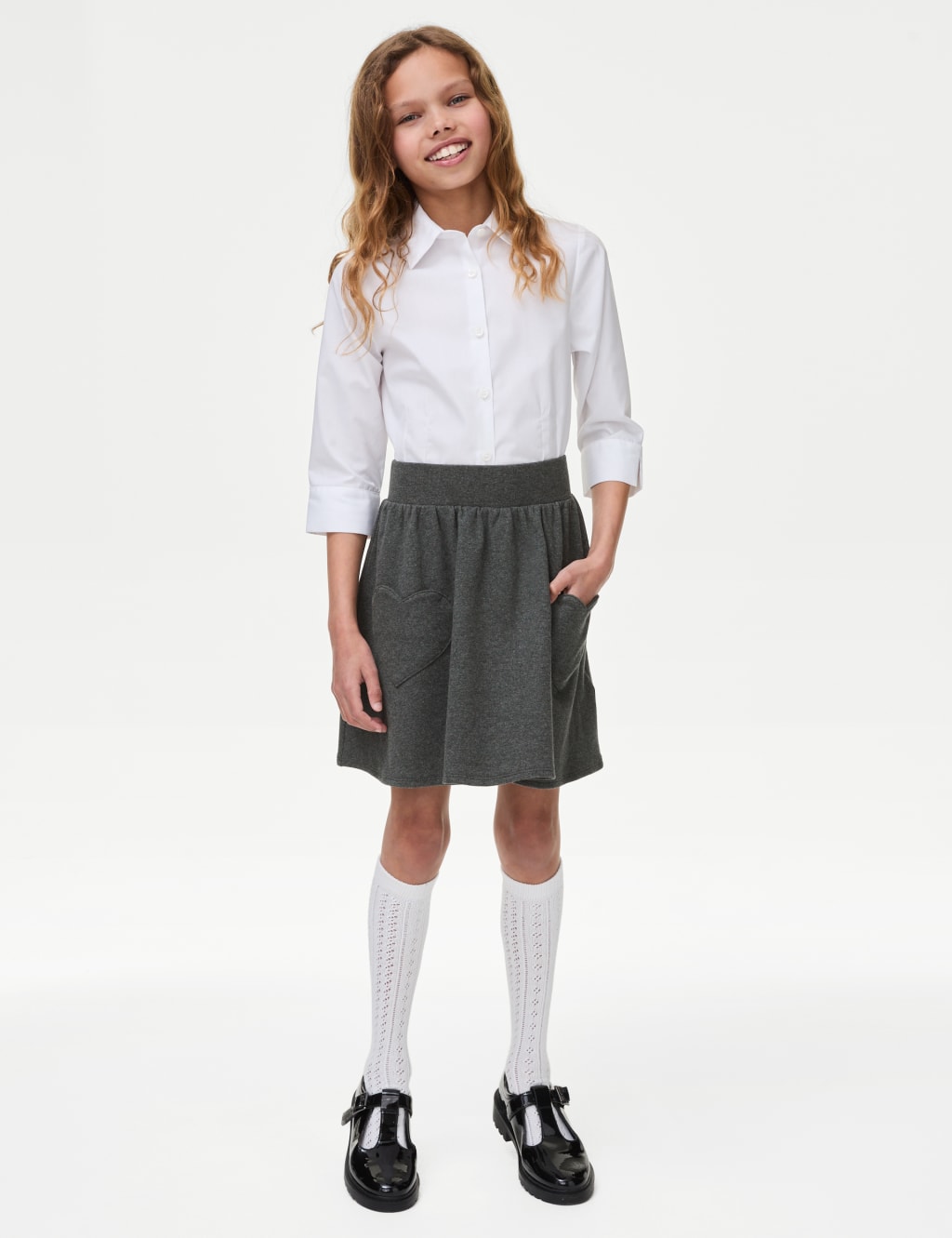 M&S Collection Girls Cotton Rich Skater School Skirt (2-14 Yrs) - 8-9 Y - Grey, Grey
