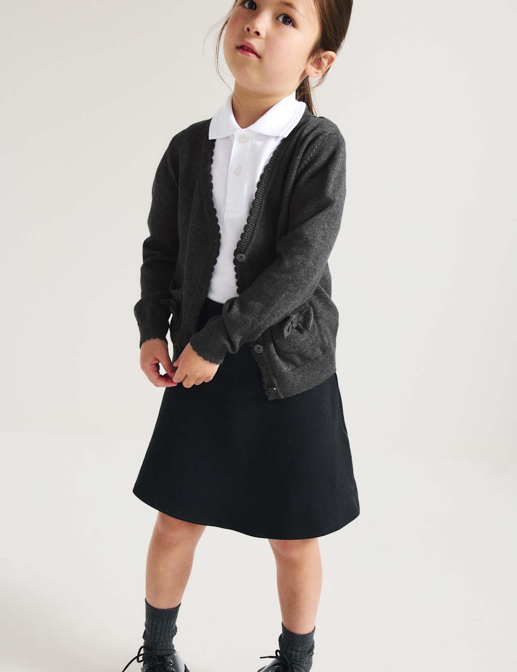 M&S Girls Pure Cotton Bow Pocket Cardigan (3-18 Yrs) - 5-6 Years - Grey