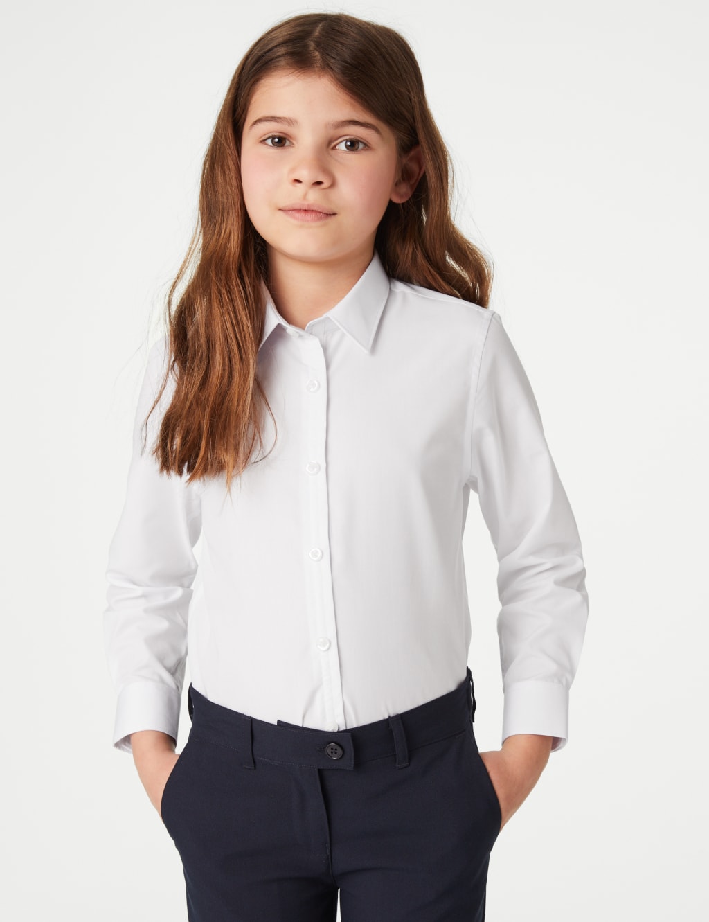 M&S Collection Girls 3pk Girls Easy Dressing Easy Iron School Shirts (3-18 Yrs) - 8-9 Y - White, White