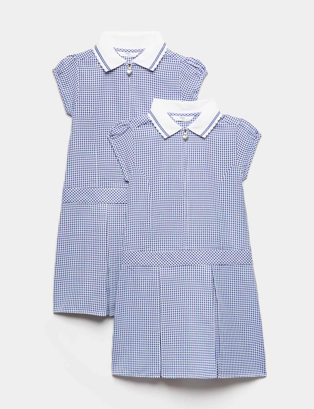 M&S Girls 2 Pack Zip Gingham School Dresses (2-14 Yrs) - 8-9 Years - Navy