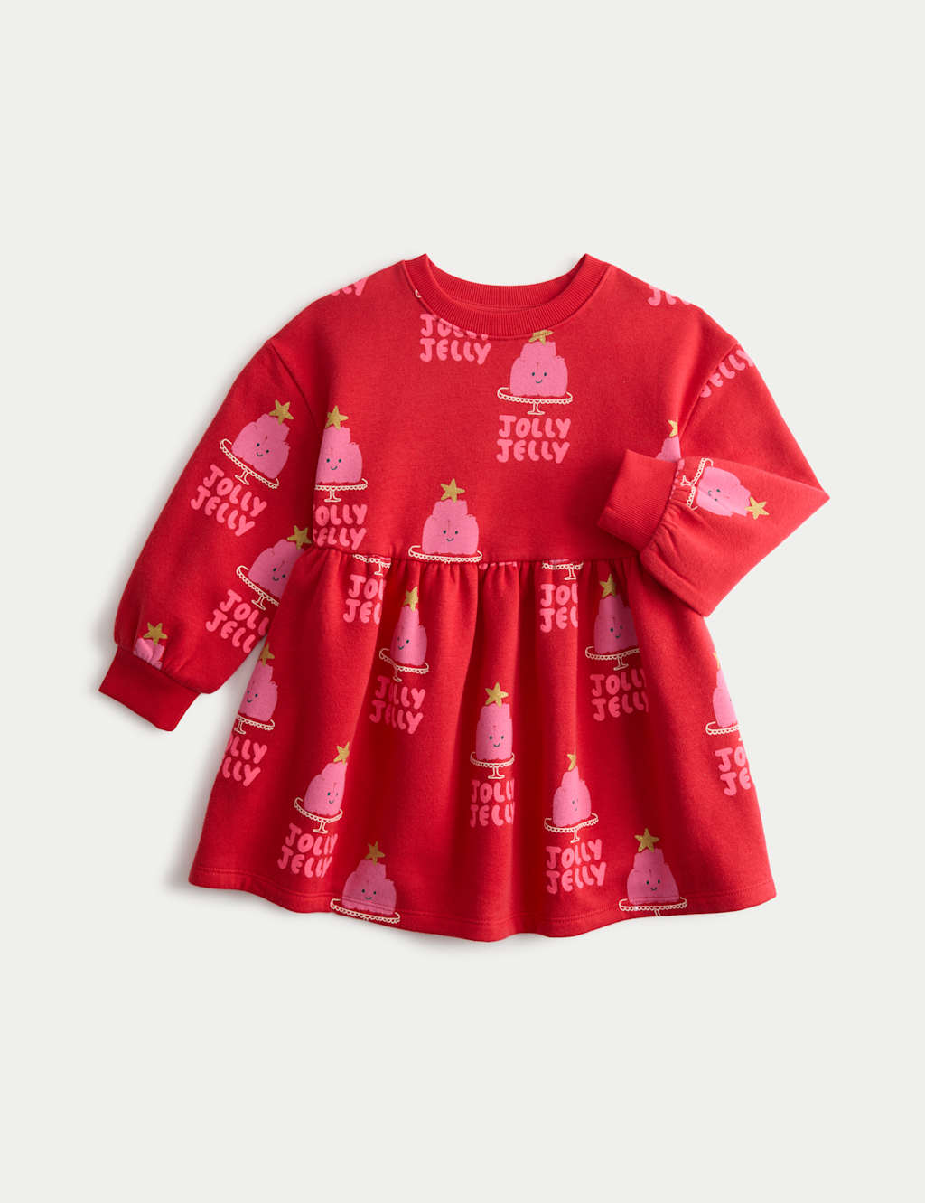M&S Cotton Rich Christmas Sweat Dress (2-8 Yrs) Red Mix