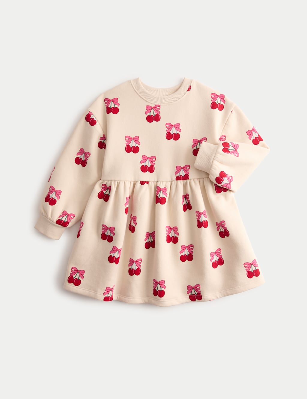 M&S Cotton Rich Cherry Print Sweat Dress (1-8 Yrs) Ecru Mix