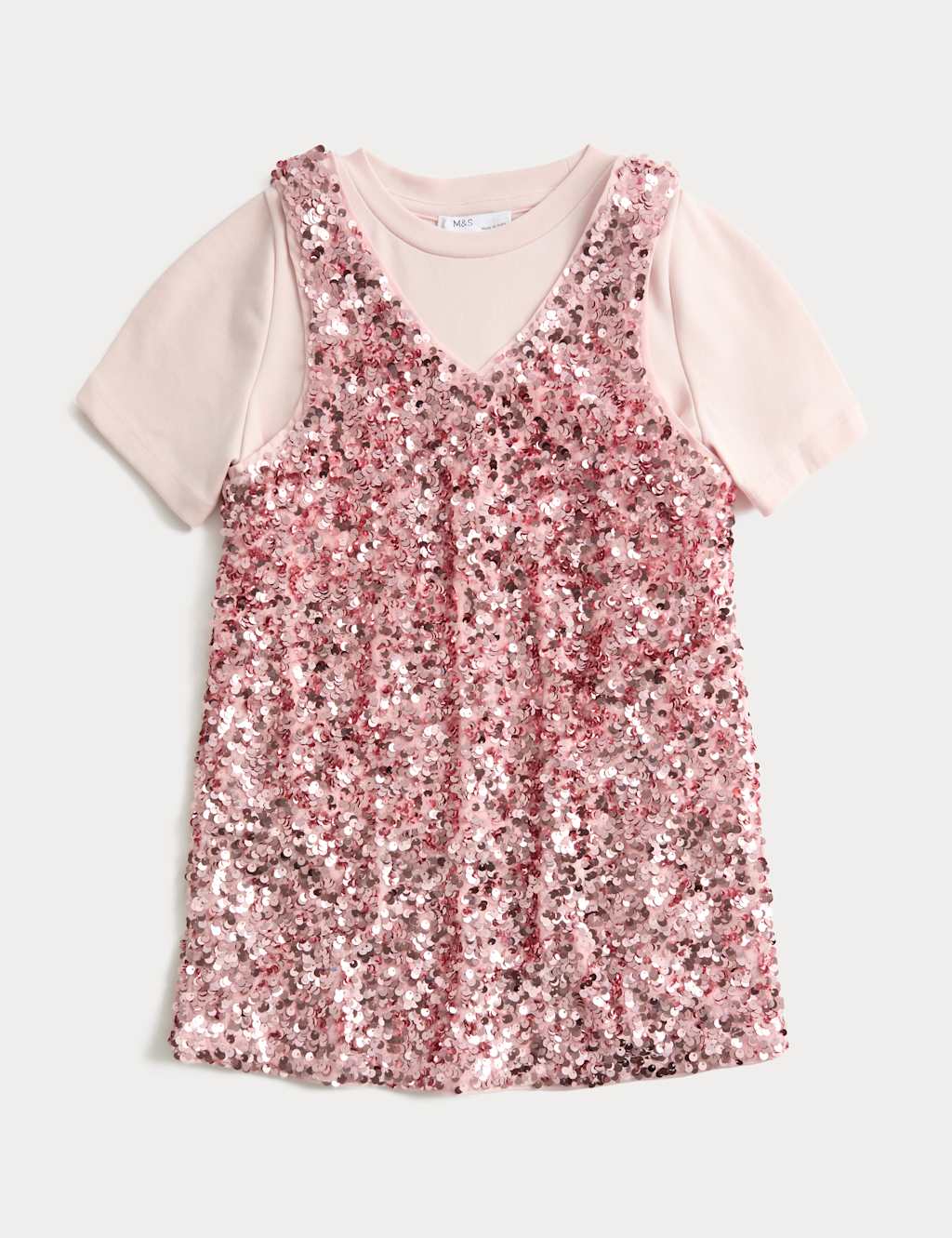 M&S 2 Piece Sequin Pinafore Outfit (2-10 Years) Light Pink Mix