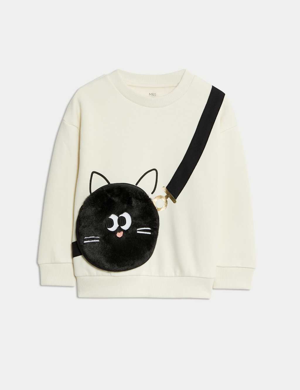 M&S Collection Girls Cotton Rich Halloween Cat Bag Sweatshirt (2 -8 yrs) - 6-7 Y - Ecru, Ecru