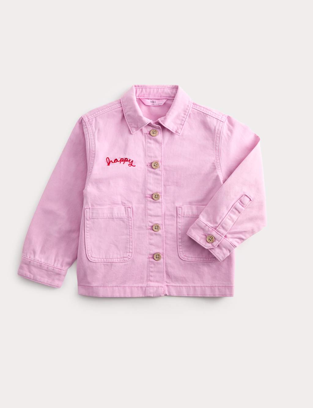 M&S Girls Happy Embroidered Denim Jacket (2-10 Yrs) - 7-8 Years - Magenta