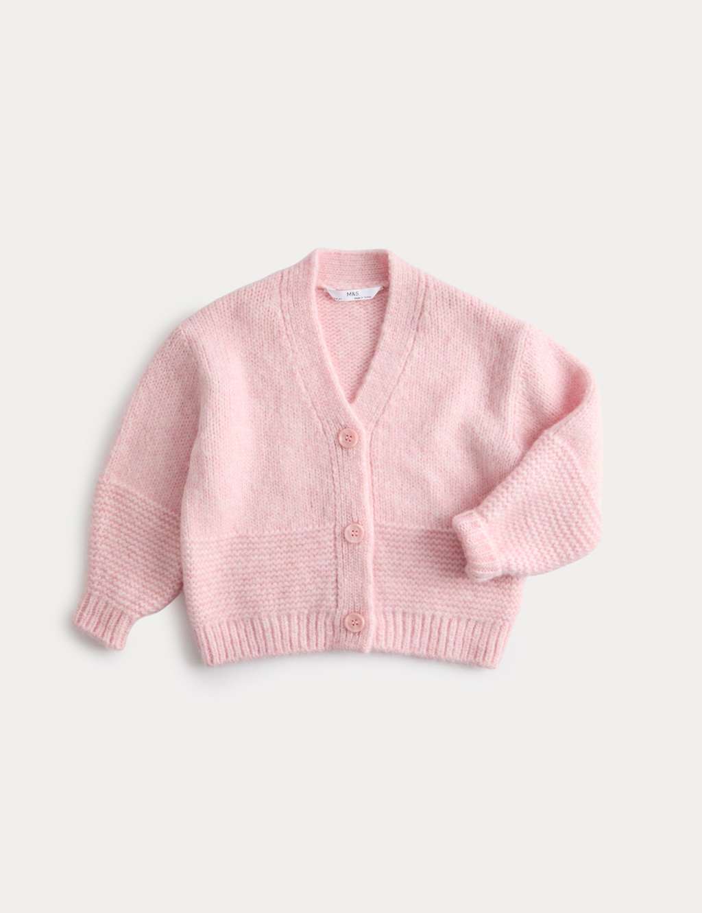 M&S Chunky Knit V-Neck Textured Cardigan (2-10 Yrs) Light Pink
