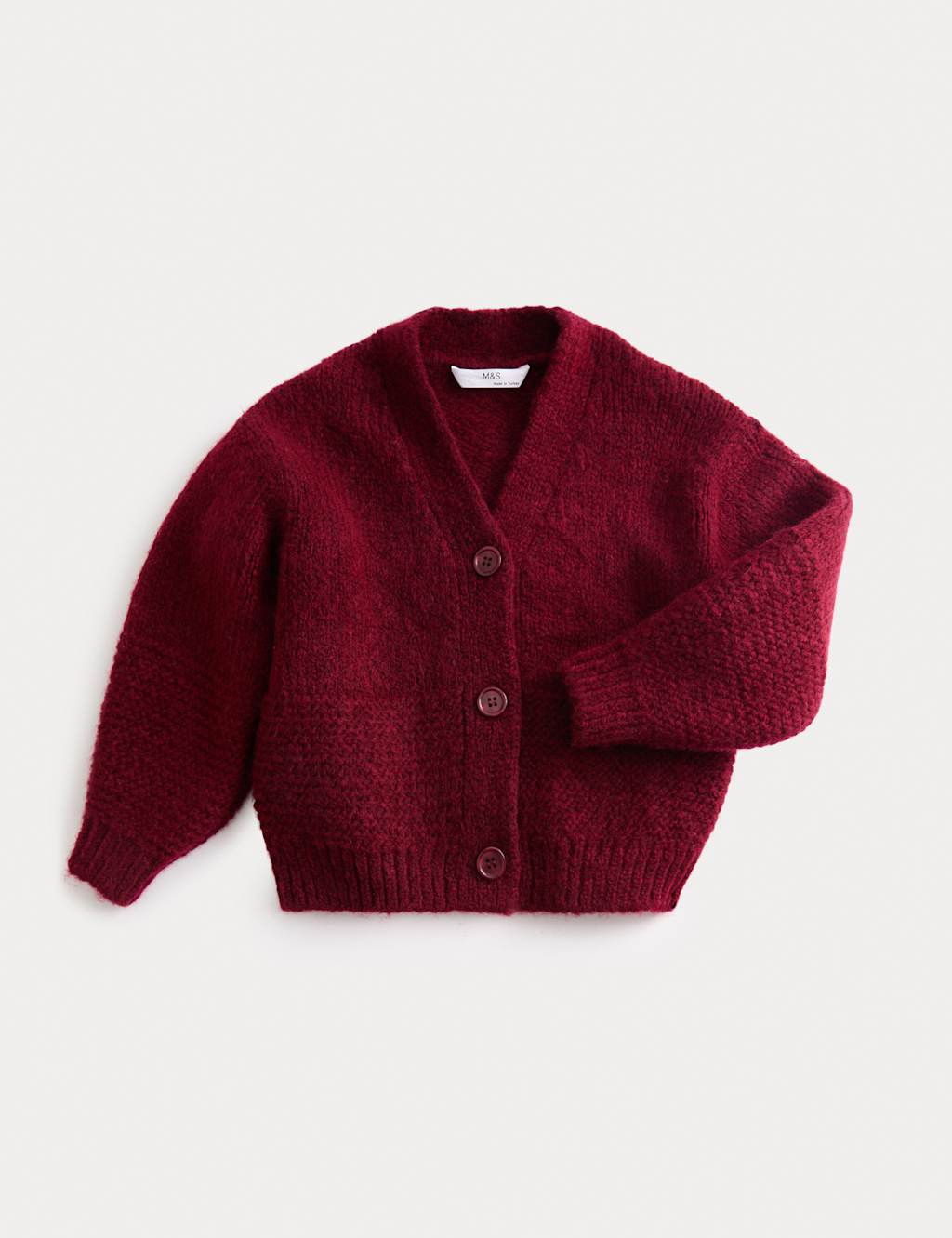 M&S Chunky Knit V-Neck Textured Cardigan (2-10 Yrs) Dark Claret