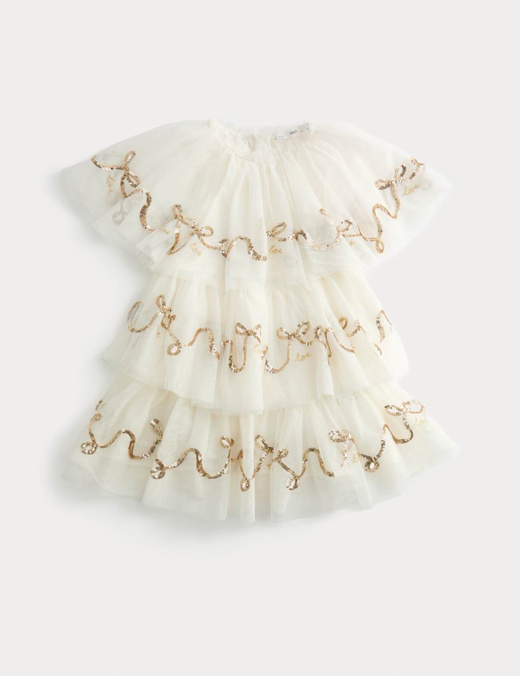M&S Sequin Tiered Mesh Dress (2-10 Yrs) Ecru