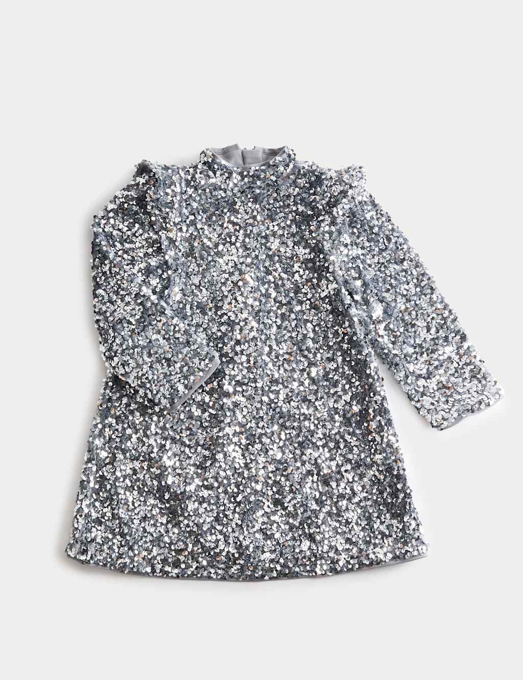M&S Collection Girls Velour Sequin Prom Dress (2-8 Yrs) - 3-4 Y - Silver, Silver
