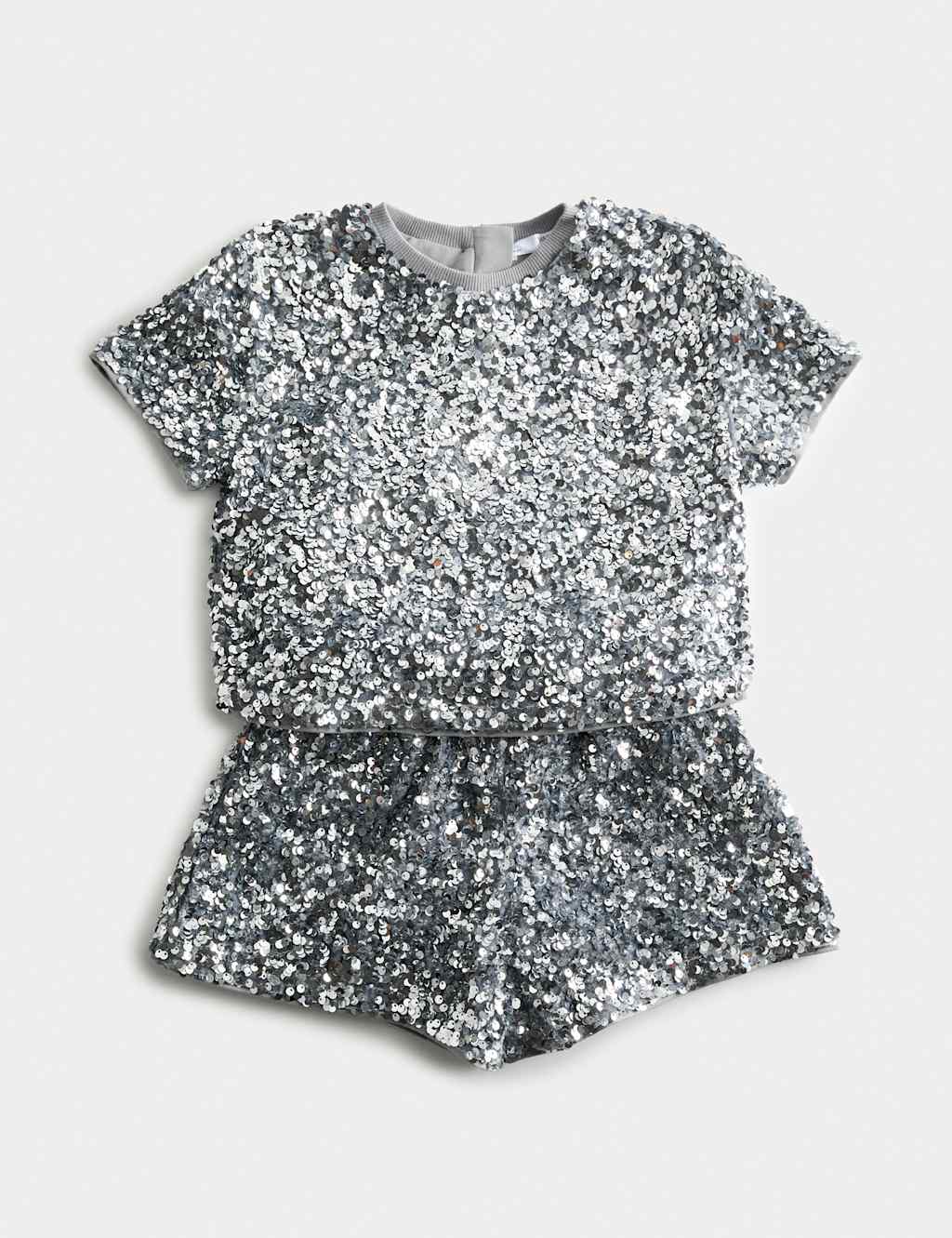 M&S Sequin Top & Bottoms Outfit (2-10 Yrs) Silver