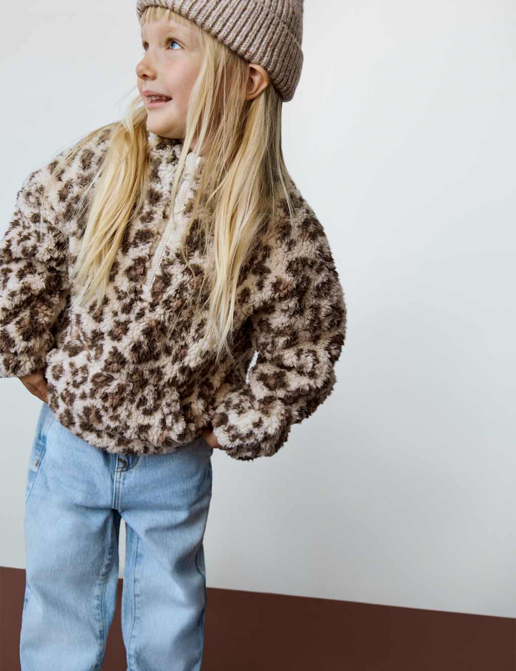 M&S Animal Print Borg Half Zip Jacket (2-10 Yrs) Neutral