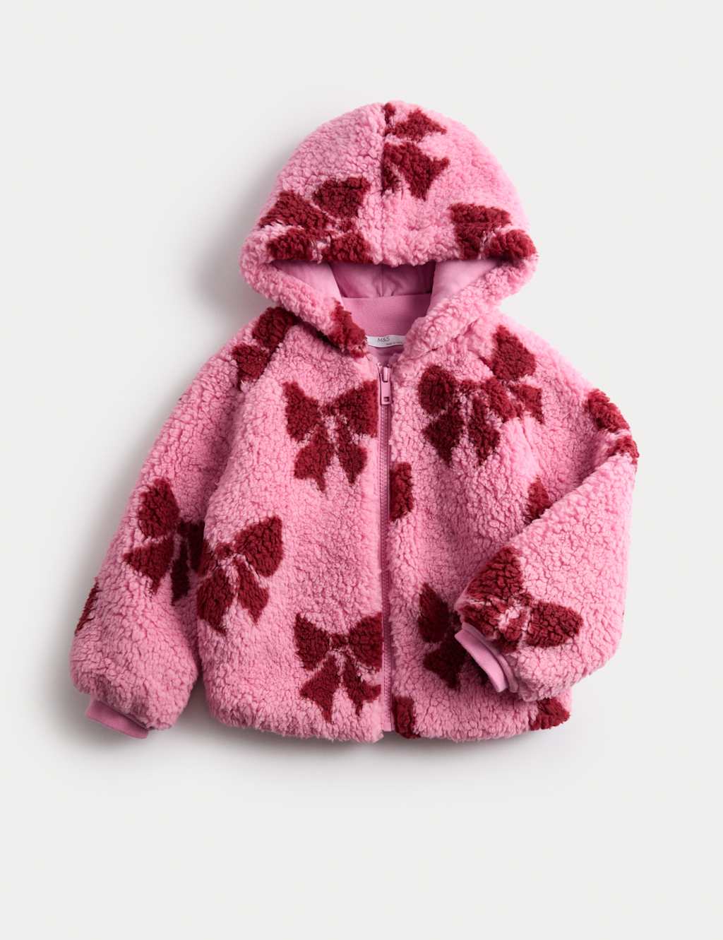 M&S Collection Girls Borg Bow Print Jacket (2-10 Yrs) - 7-8 Y - Pink, Pink