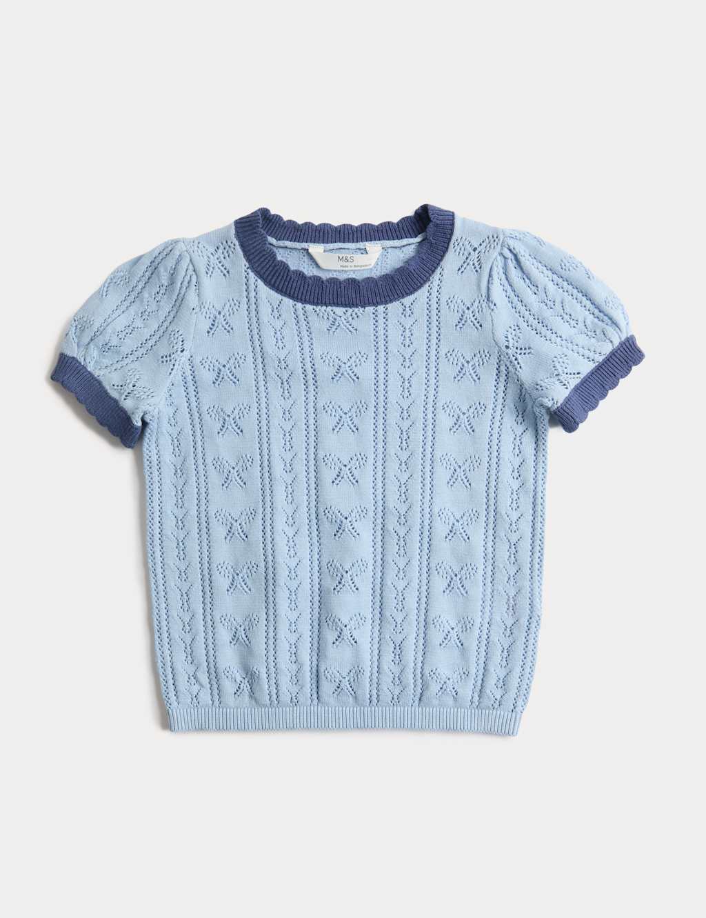M&S Girls Pure Cotton Pointelle Knitted Top (2-10 Yrs) - 9-10 Years - Chambray