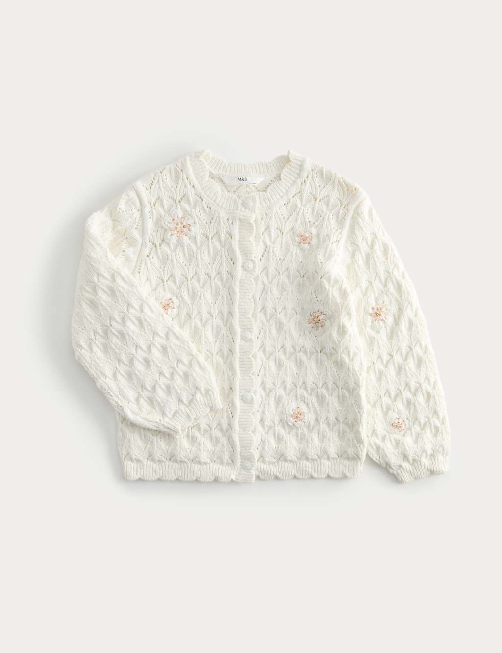 M&S Girls Cotton Rich Floral Cardigan (4-10 Yrs) - 5-6 Years - Ivory