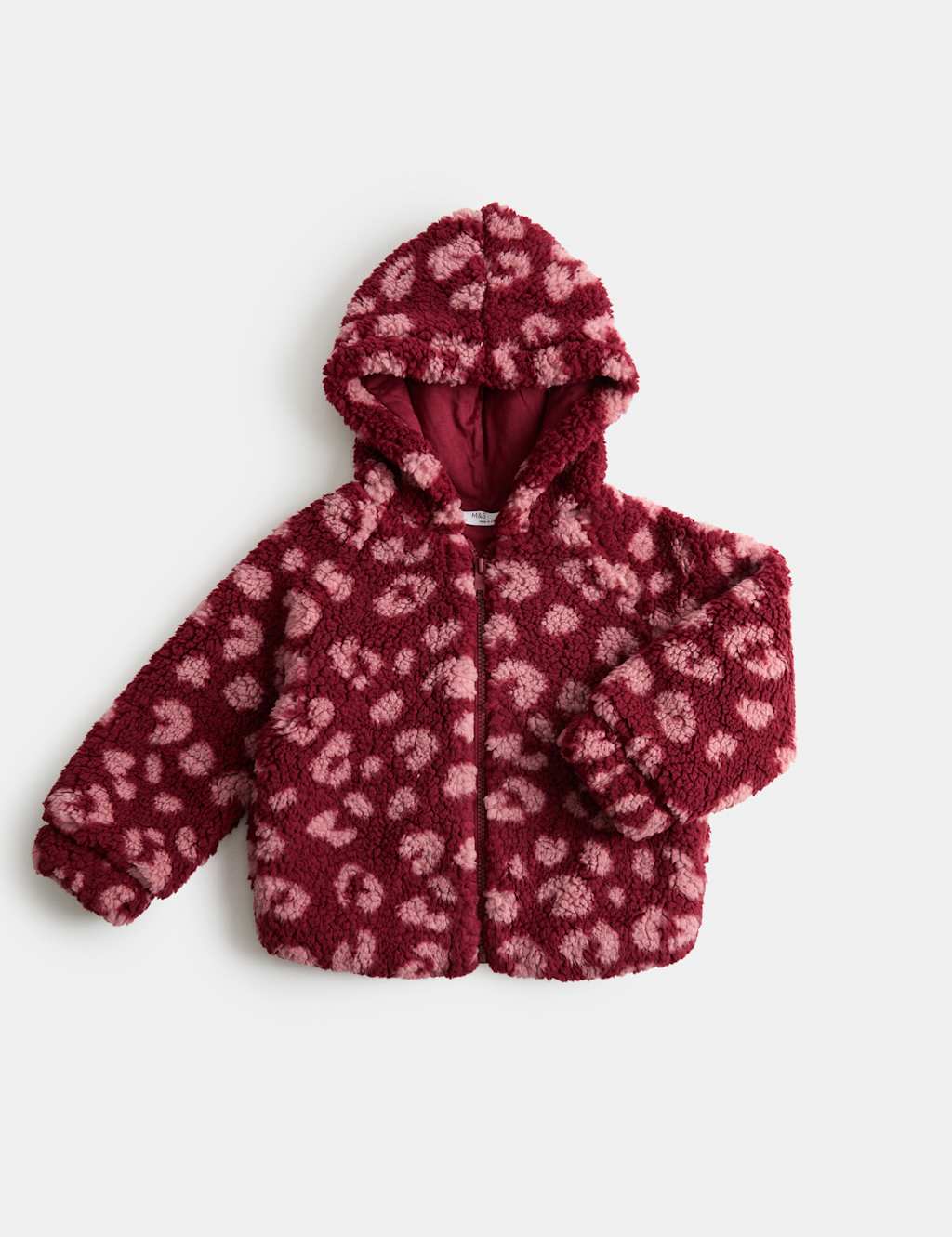M&S Girls Animal Print Borg Jacket (2-10 Yrs) - 6-7 Years - Burgundy