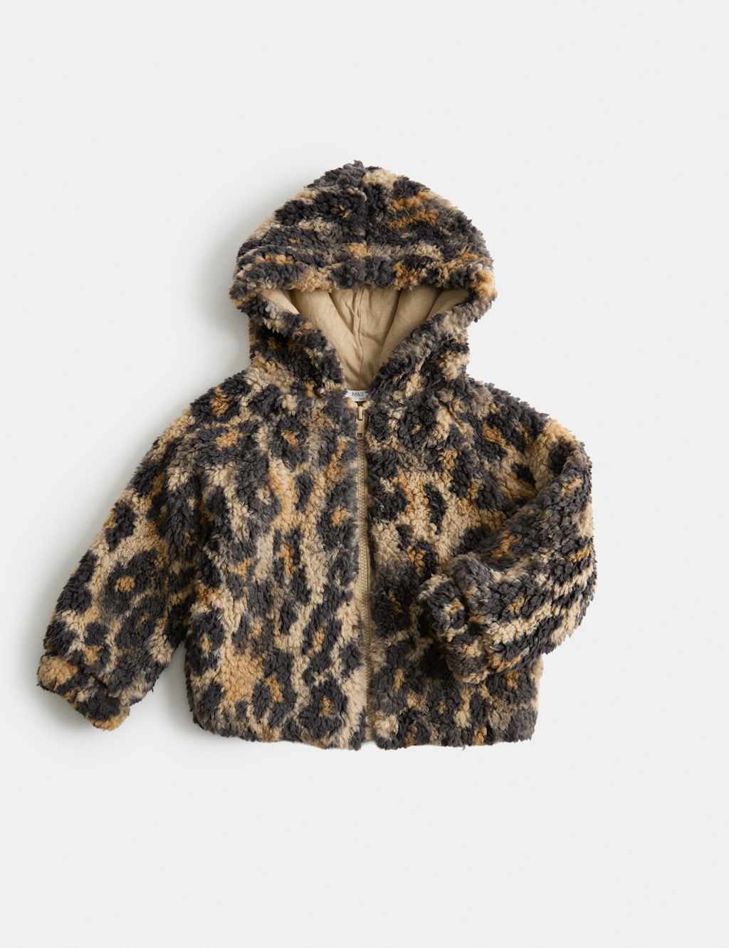 M&S Girls Leopard Print Hooded Borg Jacket (2-10 Yrs) - 4-5 Years - Brown Mix