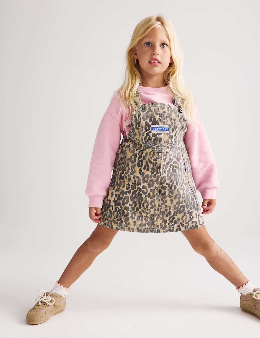 M&S Girls 2 Piece Denim Leopard Pinny Outfit (2-8 Yrs) - 4-5 Years - Brown Mix