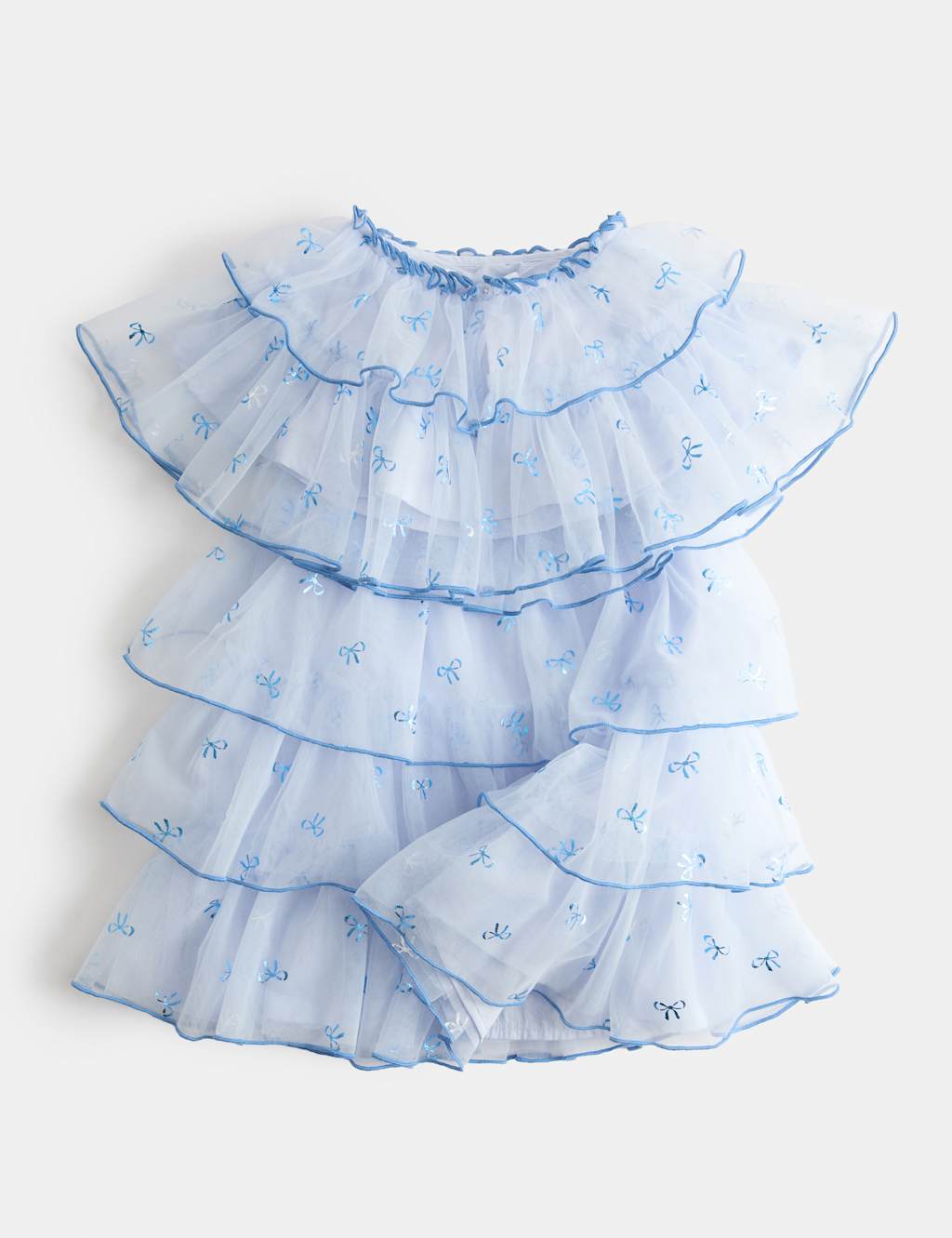 M&S Girls Bow Tiered Ruffle Dress (2-8 Yrs) - 5-6 Years - Light Blue