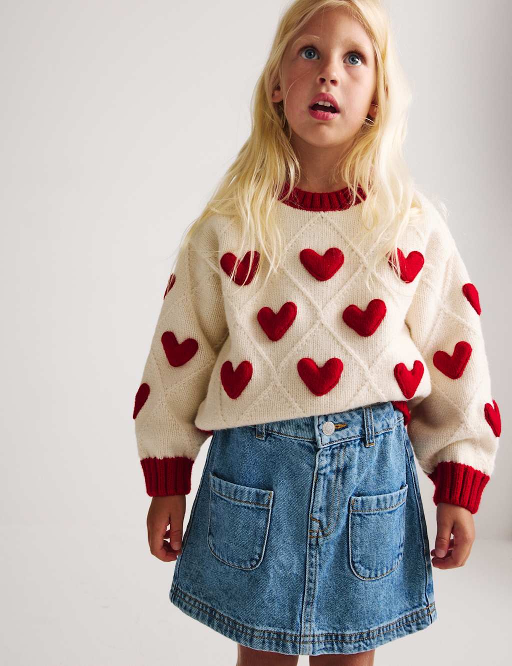 M&S Girls 3D Heart Knit Jumper (2-8 Yrs) - 2-3 Years - Ivory Mix