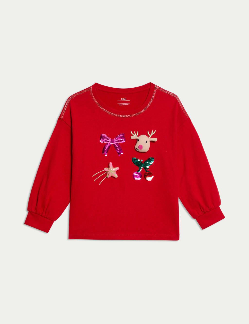 M&S Pure Cotton Sequin Top (2-8 Yrs) Red Mix
