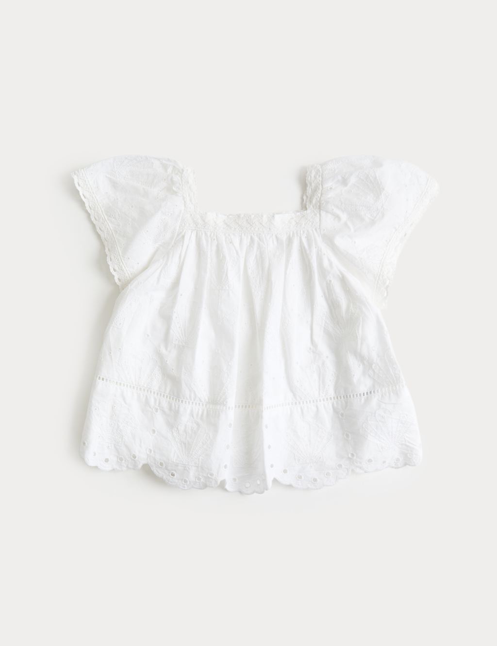 M&S Girls Pure Cotton Shell Broderie Top (2-8 Years) - 2-3 Years - Ivory