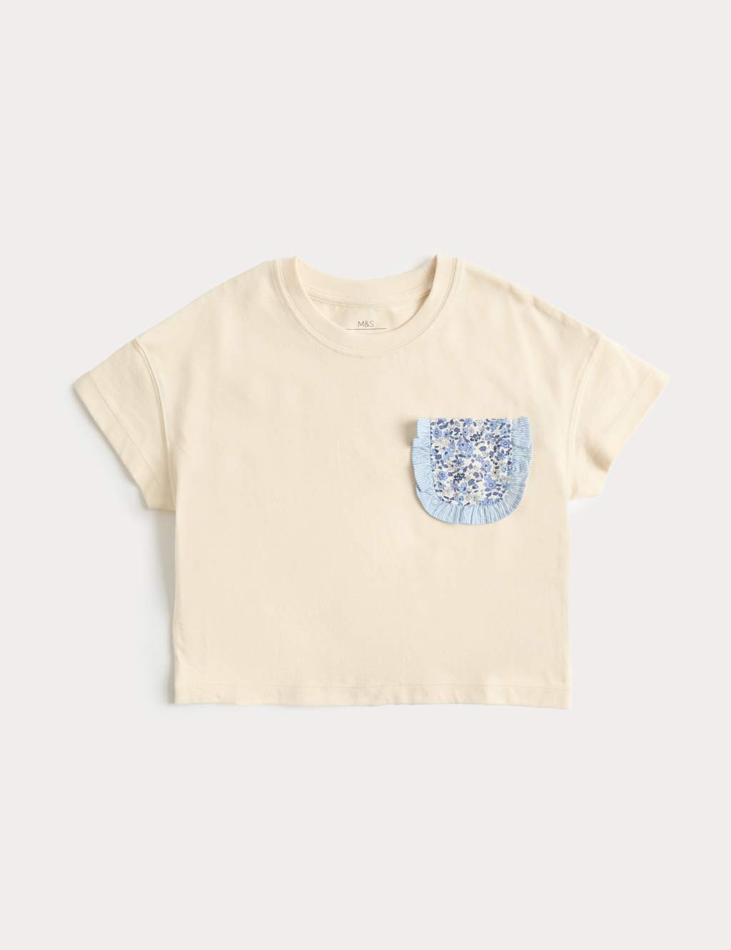 M&S Girls Pure Cotton Cross Stitch Pocket T-Shirt - 3-4 Years - Light Cream
