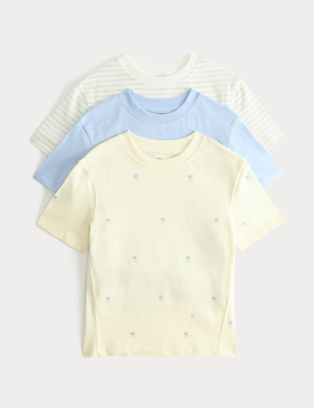 M&S Girls 3 Pack Pure Cotton Floral T-Shirts (2-8 Yrs) - 2-3 Years - Pale Yellow