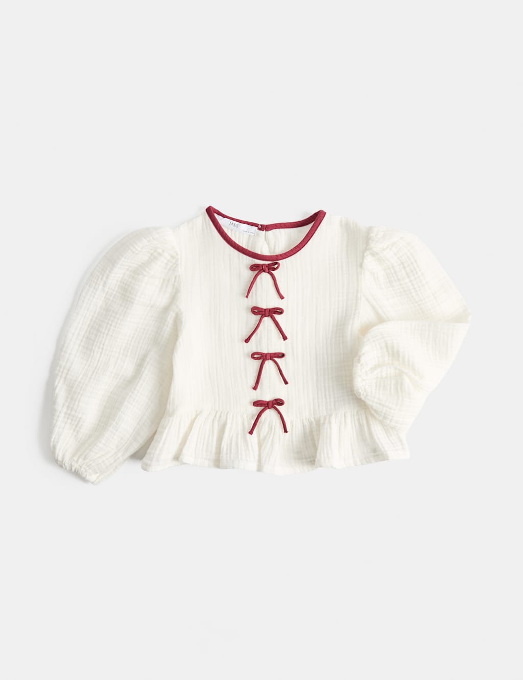 M&S Girls Pure Cotton Bow Top (2-8 Yrs) - 6-7 Years - Ivory Mix