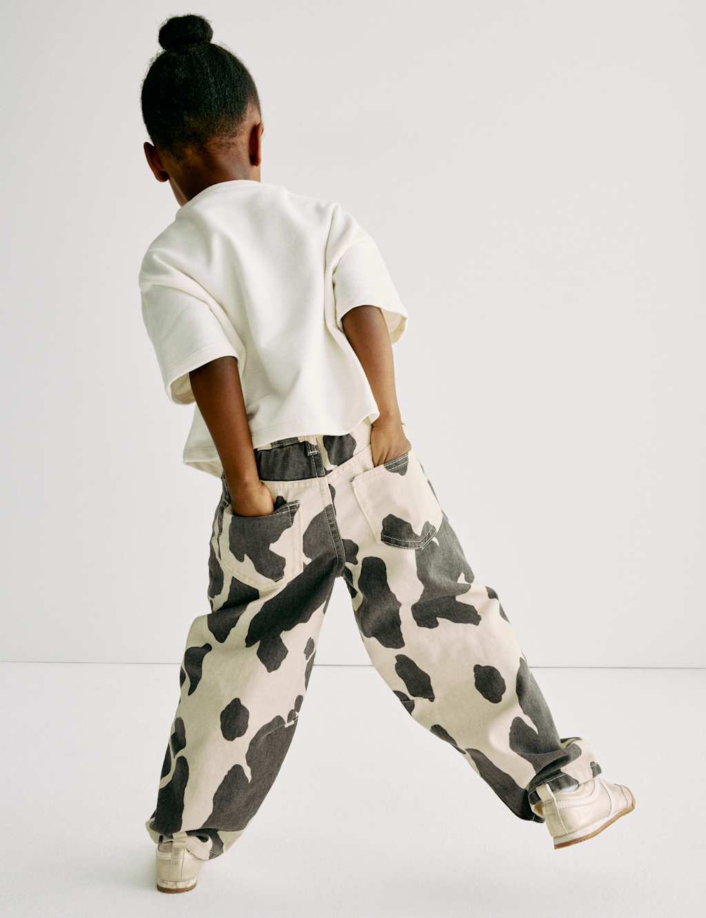 M&S Collection Girls Cow Print Barrel Leg Jeans (2-10 Yrs) - 7-8 Y - Black Mix, Black Mix
